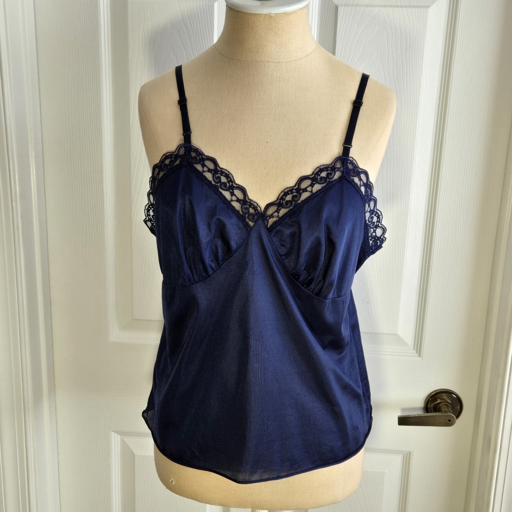 Vintage Deena Navy Blue Nylon And Lace Camisole Top Size 38 Made In USA Lingerie